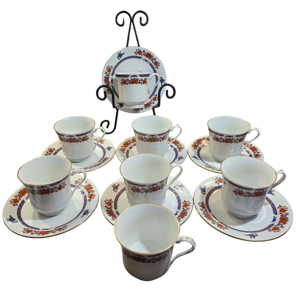 Crown Ming The Regent Collection Fine China 8 Tea Cup and 7 Saucer Floral